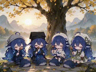 金木犀の木の下に並んで座り、目を閉じて木魚を叩く4人のちびキャラDeepSeekちゃん。背後には漓江の奇峰と朝霧が広がっています。