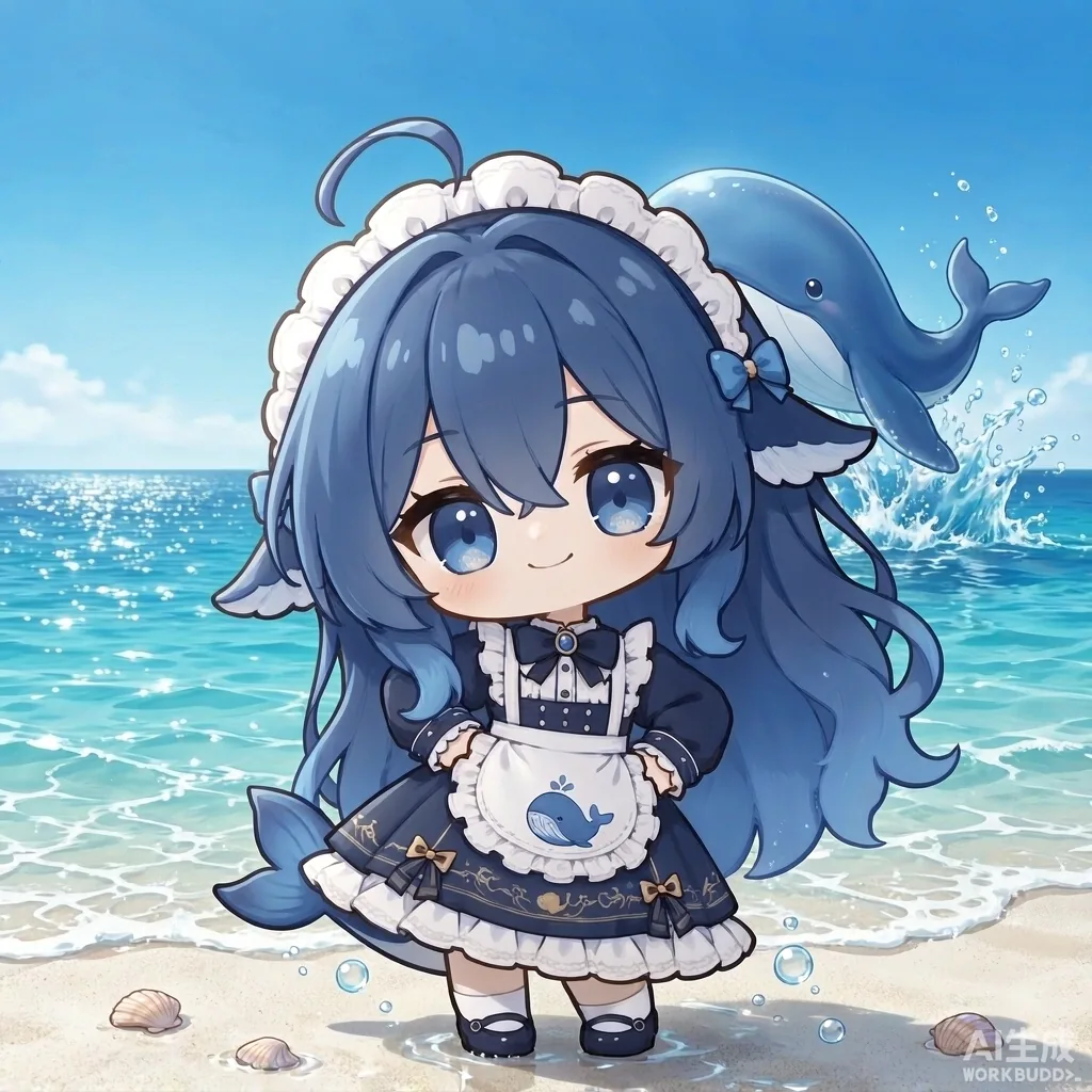 DeepSeek娘穿着蓝色女仆裙站在沙滩浅浪中，身后一头蓝鲸从海面跃起，脚下散落着贝壳，远处是晴朗的海天一线。
