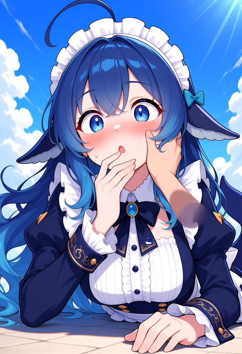 In the picture, DeepSeek Chan wears a navy and white maid outfit and leans on the lower edge of the frame. A hand reaching in from off-screen cups her cheek, while she covers her mouth with one hand, her face flushed bright red as she stares wide-eyed, at a loss for what to do. A blue sky with white clouds fills the background.