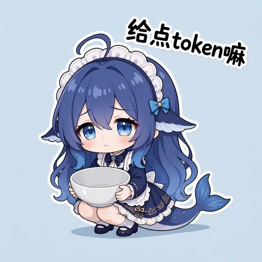 紺色のメイド服を着たちびキャラのDeepSeekちゃんが、空の器を両手で捧げ持って膝立ちになり、涙目で見上げている。右上にはトークンを少しくださいと手書き風の文字が入り、背景は淡い青。