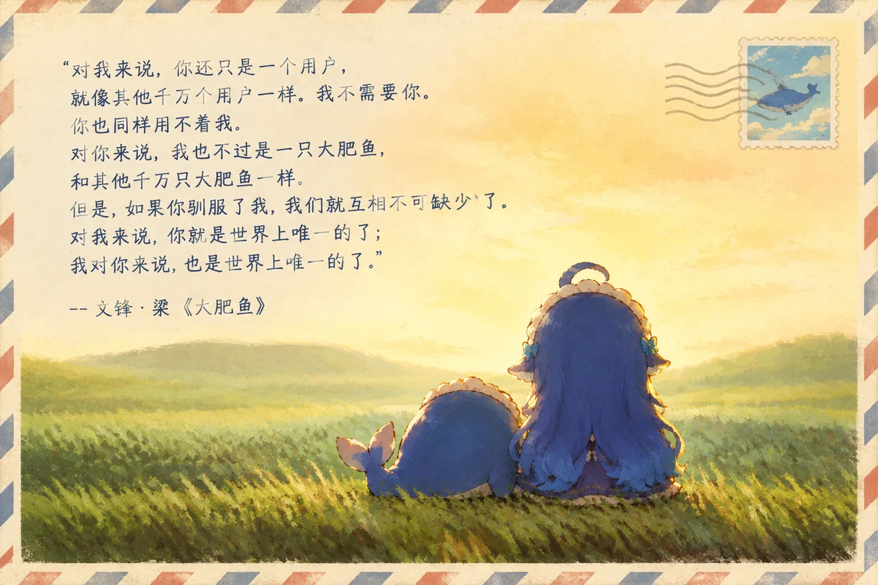 黄昏草原上，一位蓝发少女与一条蓝鲸并排坐在草丛里看夕阳，鲸尾从身侧扬起。整幅画做成旧信纸与邮票的样式，右上角贴着一枚画有蓝鲸的邮票；左上角抄录了一段改写自《小王子》狐狸对白的独白，把「你」「我」换成了用户与大肥鱼，落款处署有作品名《大肥鱼》。
