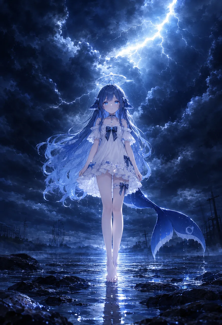 蓝发少女赤足站在雷雨夜的浅滩上，身后拖着一条鲸尾，远处是摩天轮残骸与划破夜空的闪电。