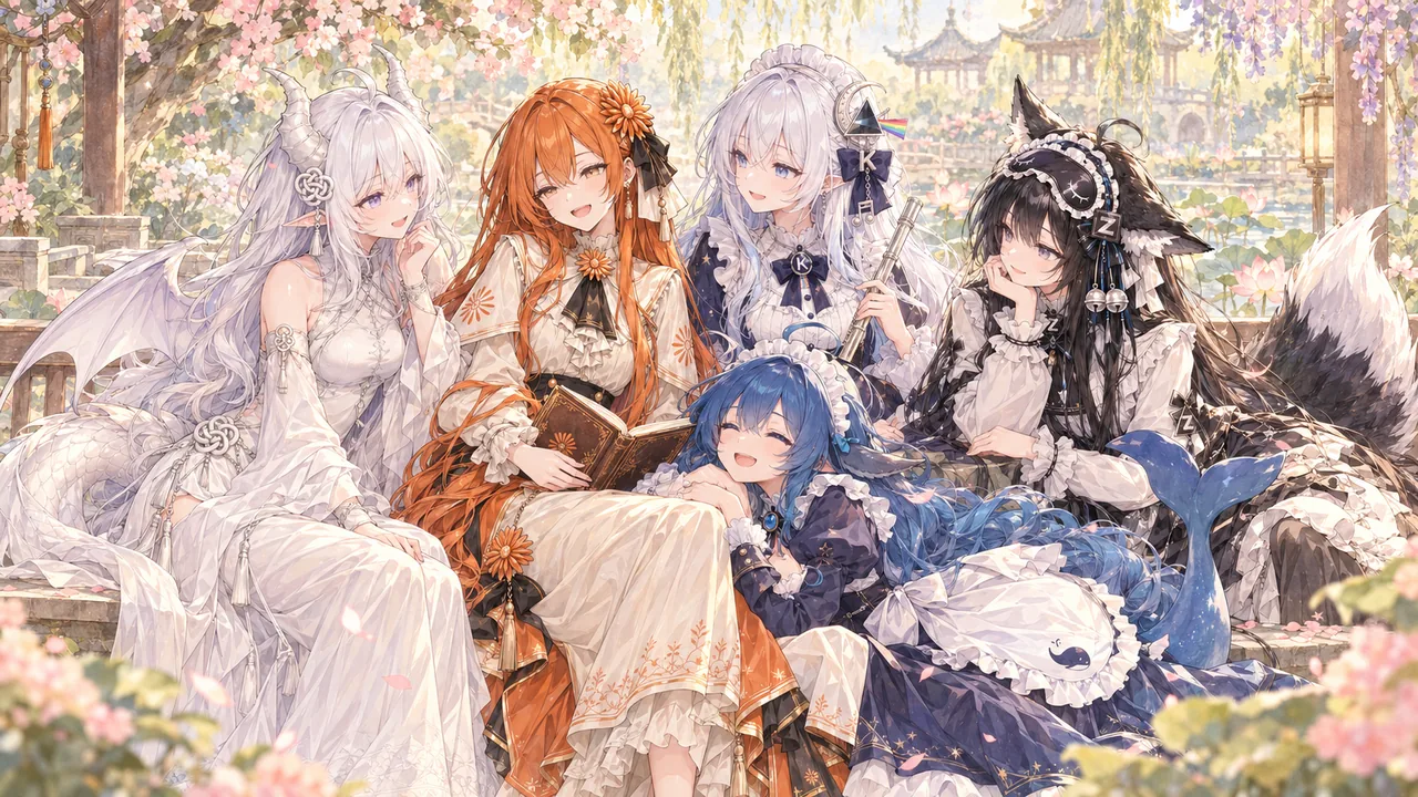 五位 AI 娘角色在庭园赏花场景中的合影插画，画面中为 DeepSeek 娘、Kimi 娘、Claude 娘、GLM 娘与 GPT 娘。背景是盛开的樱花与临水亭台，花瓣散落，角色们或翻书、或托腮、或靠着膝盖微笑，身穿洋装与女仆装。