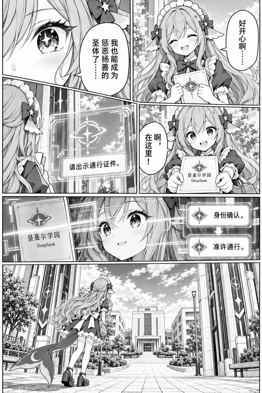 黑白漫画内页，共五格。开头是少女眼部特写，气泡里写着「我也能成为惩恶扬善的圣体了……」；下一格她捧着录取证笑得很开心；随后学园门禁弹出「请出示通行证件」的界面，她举起印有校徽与 DeepSeek 字样的证件；再一格是扫描与「身份确认」「准许通行」的提示；最后一格是她拖着鲸尾走进学园，远处是校舍与行道树。