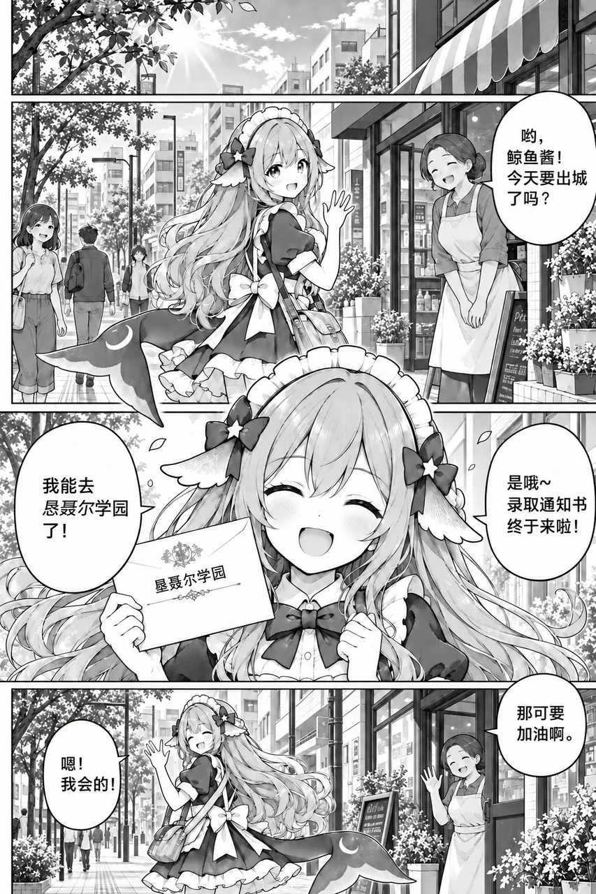 《伊甸园罪孽的绽放》连载第 12 页，三格黑白分镜。清晨的街角，店主阿姨向准备出城的 DeepSeek 娘道别；下一格她在路中央举起写着“垦聂尔学园”的信封，大声宣布自己拿到了录取通知书；最后一格她挥手作别，店主叮嘱她加油。