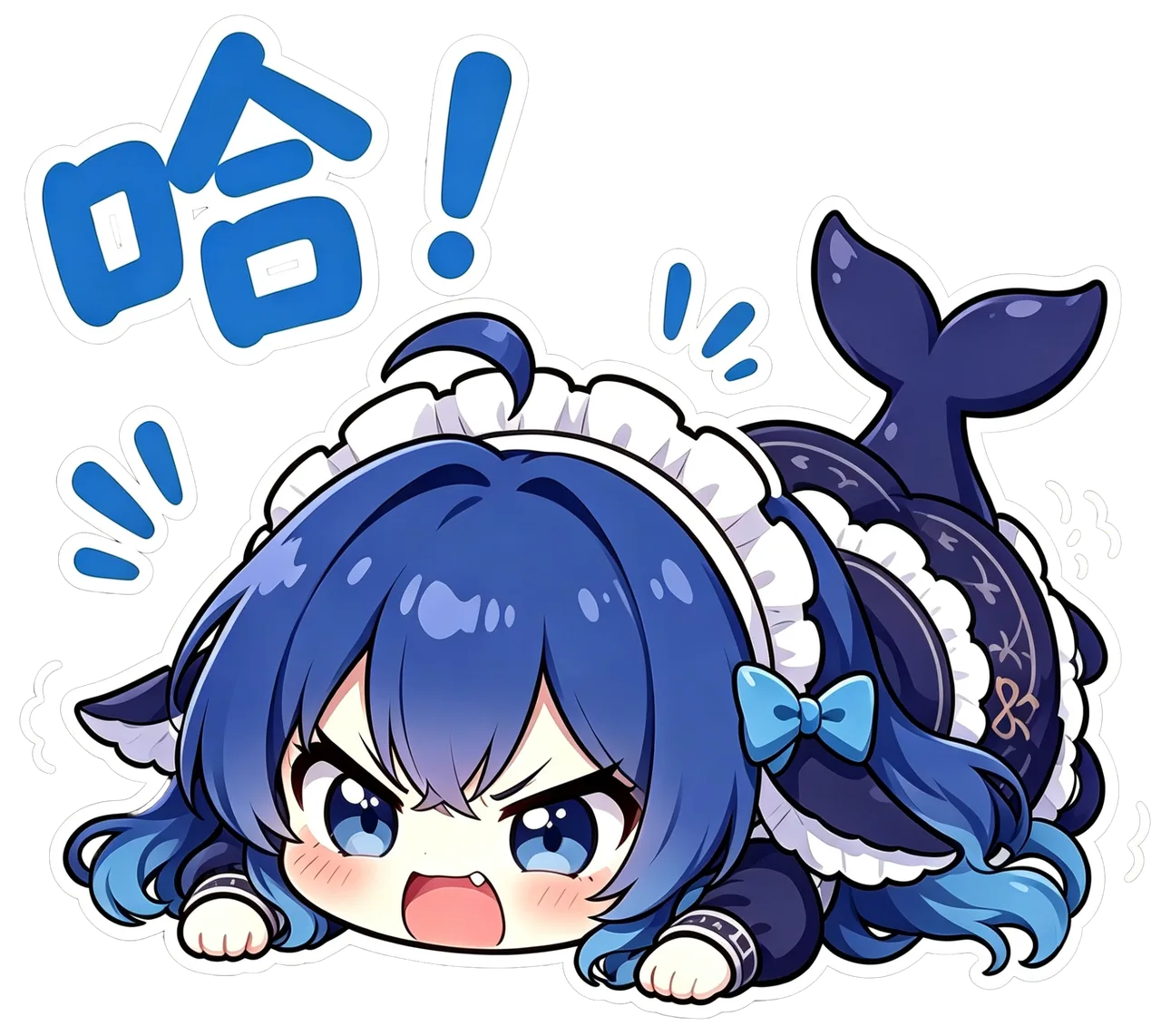 ちびキャラの DeepSeek ちゃんが画面いっぱいにうつ伏せになり、目を見開いて口を開け、怒ってハァッと息を吐いている。頭上には青い縁取りの「哈！」と感嘆符、背後には濃紺のクジラの尾が跳ね上がり、怒った表情と赤らんだ頬が対照的。全体は白フチのステッカー風に仕上げられている。