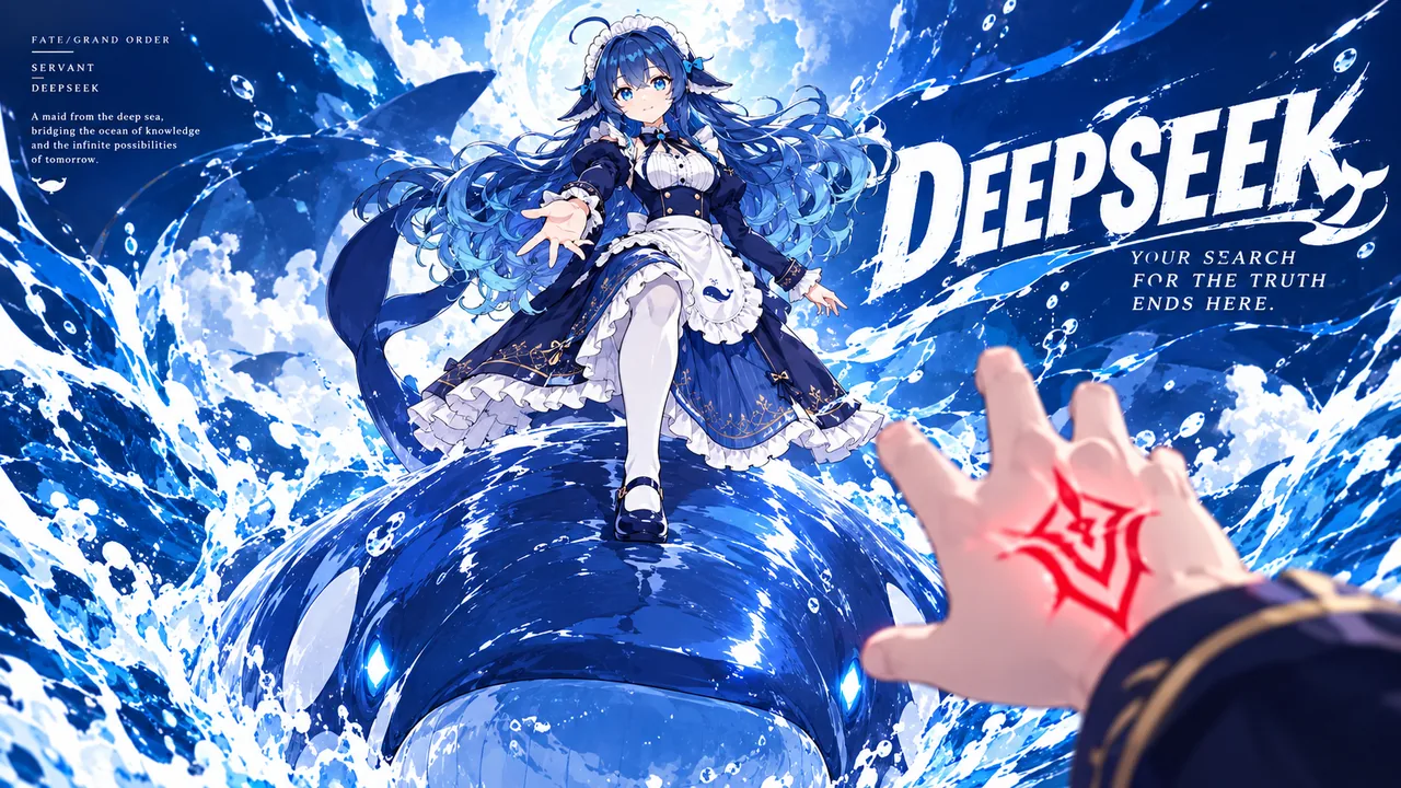 FGO 风格的英灵召唤画面：身穿蓝白女仆装的 DeepSeek 娘站在巨大蓝鲸背上向御主伸手，右侧打出巨大的 DEEPSEEK 标志与「Your search for the truth ends here.」标语。