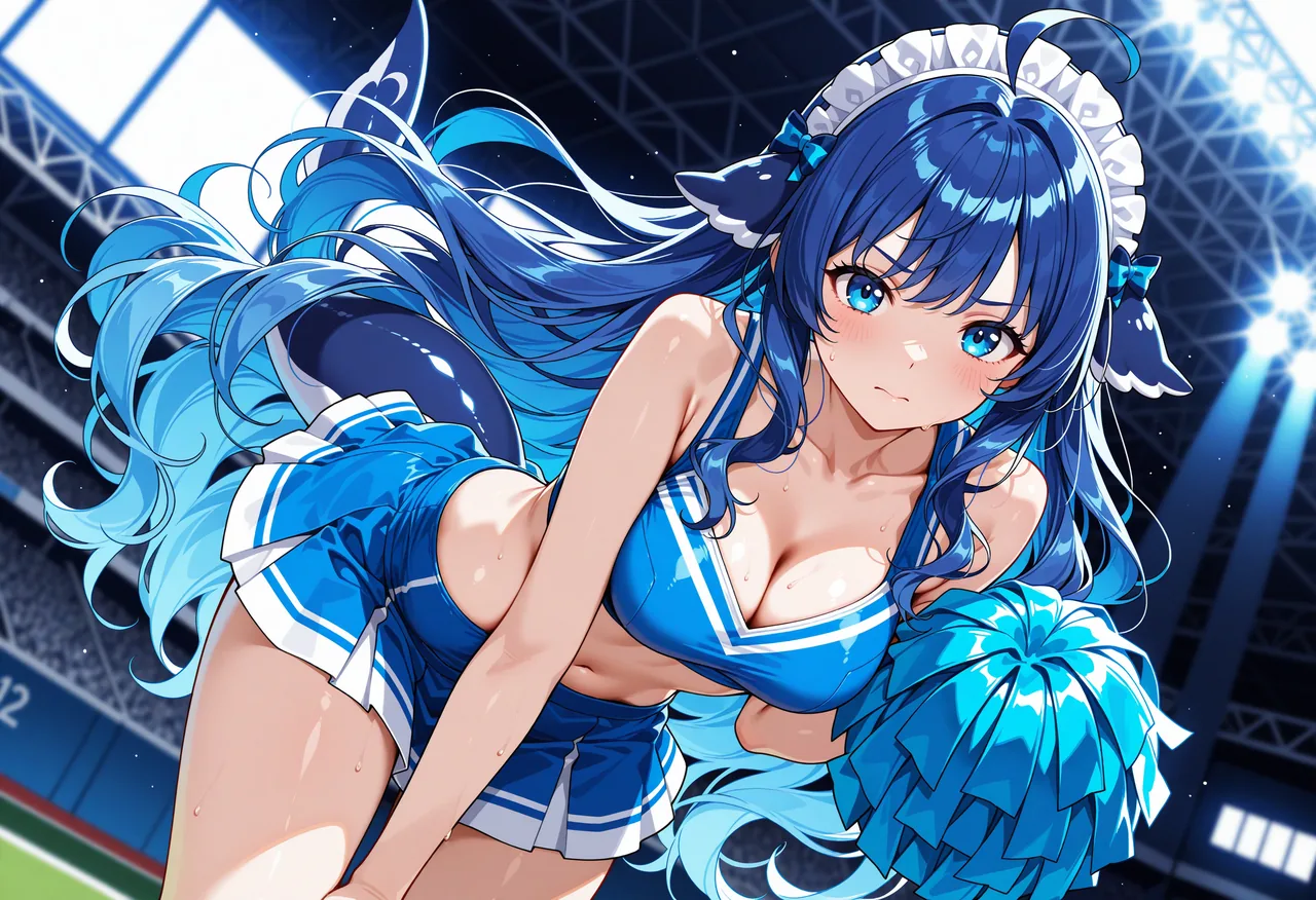 DeepSeekちゃんが青と白のチアリーダー衣装に着替え、青いポンポンを手にスタジアムの照明の下で照れながら応援している一枚。
