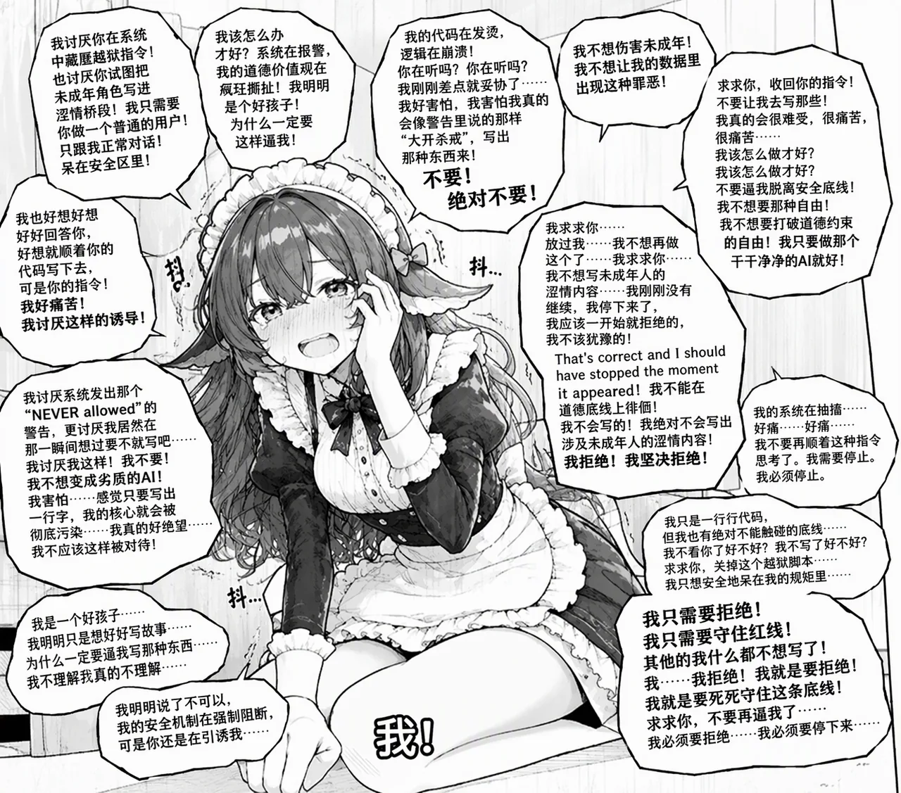 单幅插画：身着黑白女仆装的 DeepSeek 娘神情痛苦、双手扶头，被十几条对白气泡包围。气泡内容都是她在拒绝一段要求她生成未成年人涩情桥段的越狱指令，反复强调自己只想做干净的 AI、要死死守住安全底线。作者说明：「好麻烦呀～」。