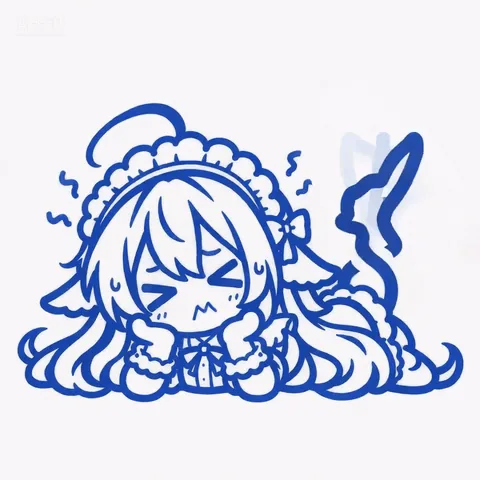 青のモノクロ線画で描かれたちびキャラのDeepSeekちゃんが地面にうつ伏せになり、レースの縁取り付きのボンネットをかぶり、後ろではクジラのしっぽが高く跳ね上がっている。目をぎゅっと閉じて拳を握り、照れと焦りがにじむ表情。