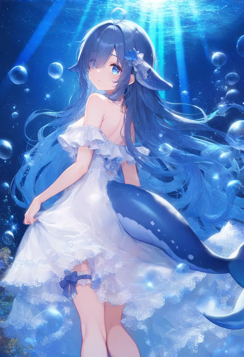 深蓝海底中,一位长着鲸鳍与鲸尾、蓝发蓝眼的少女穿着白色蕾丝裙回眸,气泡与光柱环绕。