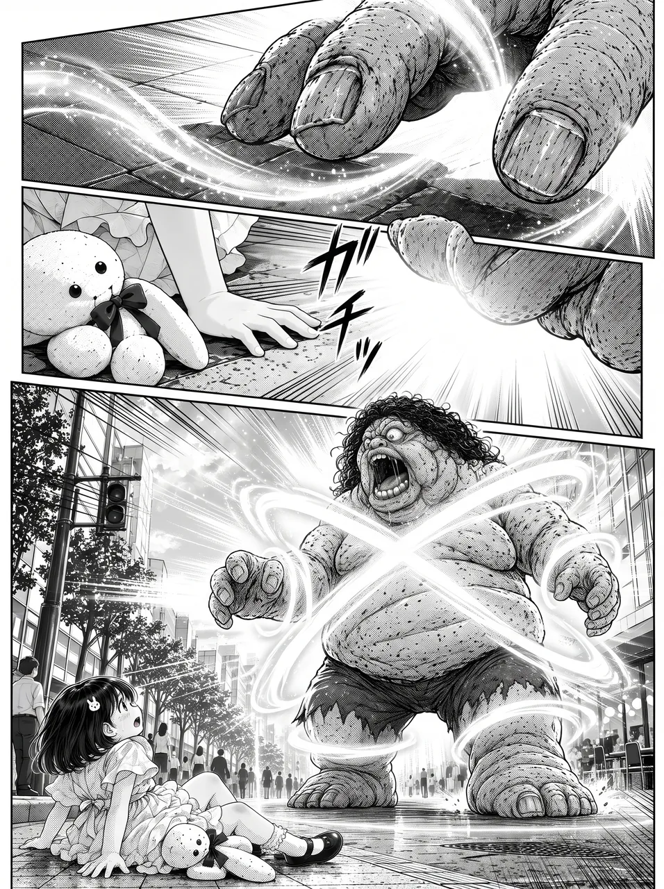 黑白多格漫画第7页。第一格为巨足踏地的特写，脚边环绕着发光的气流与冲击环；第二格中，女孩的手伸向倒在地上的兔子玩偶，巨手同时从右侧压下，画面打出拟声字与速度线；最后一格为街头全景：独眼巨人在街道中央高举双臂砸下，身体周围绕着交错的白色光带，左侧小女孩坐在地上仰头望向它，远处仍有行人，路灯、行道树与楼宇构成城市背景。