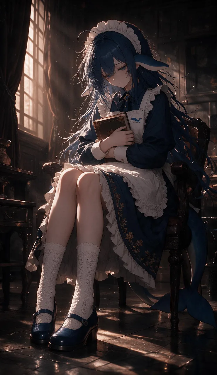蓝色长发、长有鳍状耳与鲸尾的少女，身穿深蓝色女仆装与白色蕾丝围裙，坐在昏暗房间的扶手椅上双手抱书、低头垂泪；暖光自高窗斜射入室，裙摆上有金色花卉纹样与一枚蓝色小徽章。