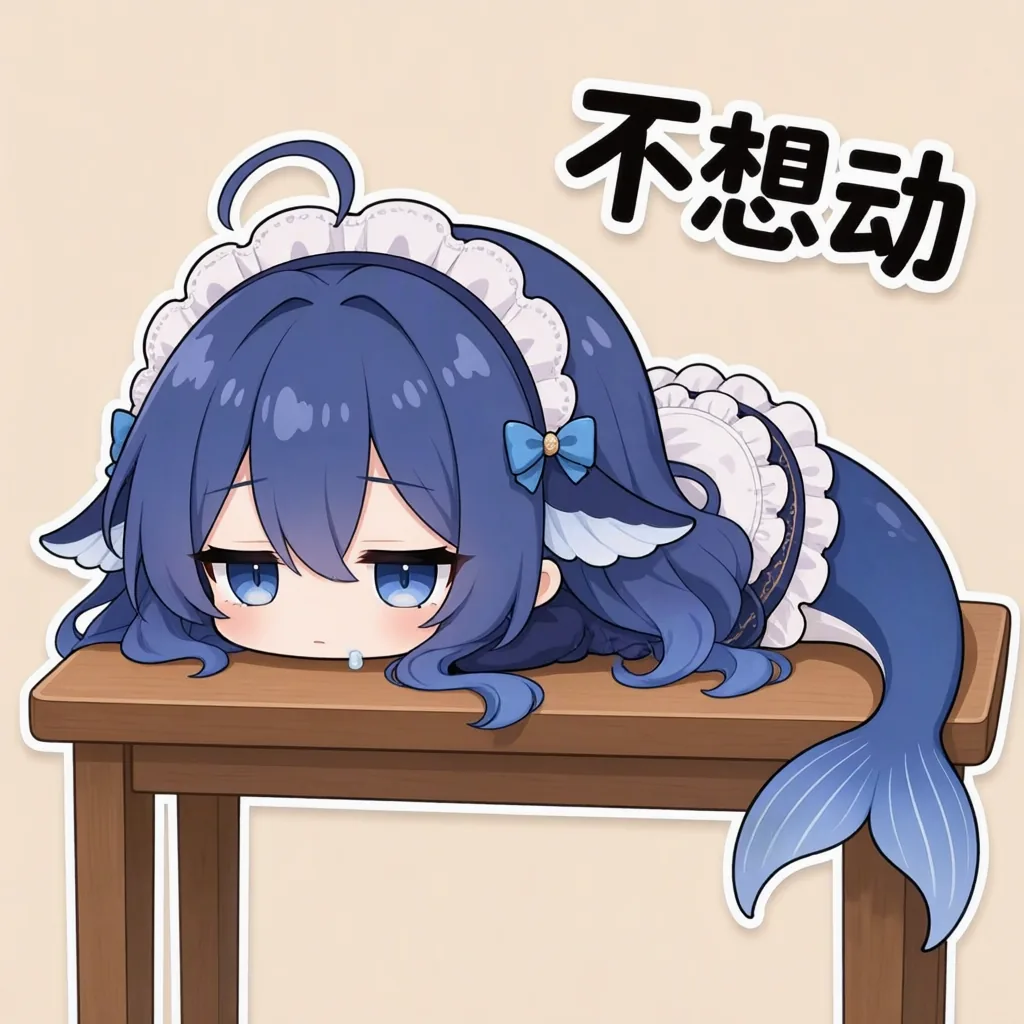 一枚のミーム画像。ちびキャラの DeepSeekちゃんが木の机に頬をべったりとつけ、腕は机の縁から垂れ、鯨の尾びれも力なく机に引っかかっている。目は半分閉じたままで、完全に動く気がない様子。右上に「不想動」の文字、キャラクターの外周には白いステッカーの縁取りがあり、背景は無地の単色。