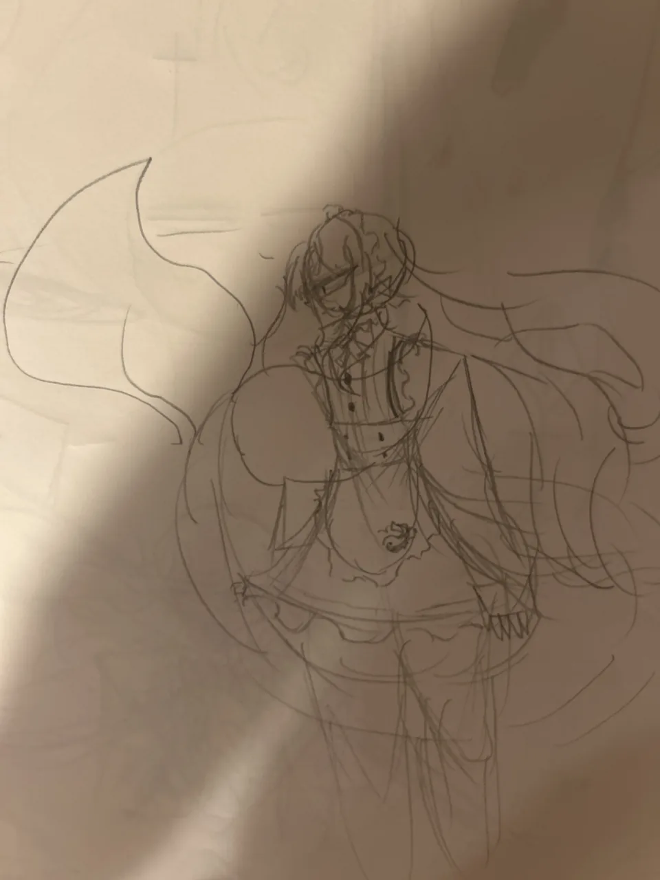 纸面铅笔手绘速写，画中少女长发散落，身体前倾并侧转回望，衣摆、裙褶与左侧尾鳍状曲线仅以寥寥几笔勾出，画面留有明显纸白与投影。投稿说明称这是作者随手画下的速写。