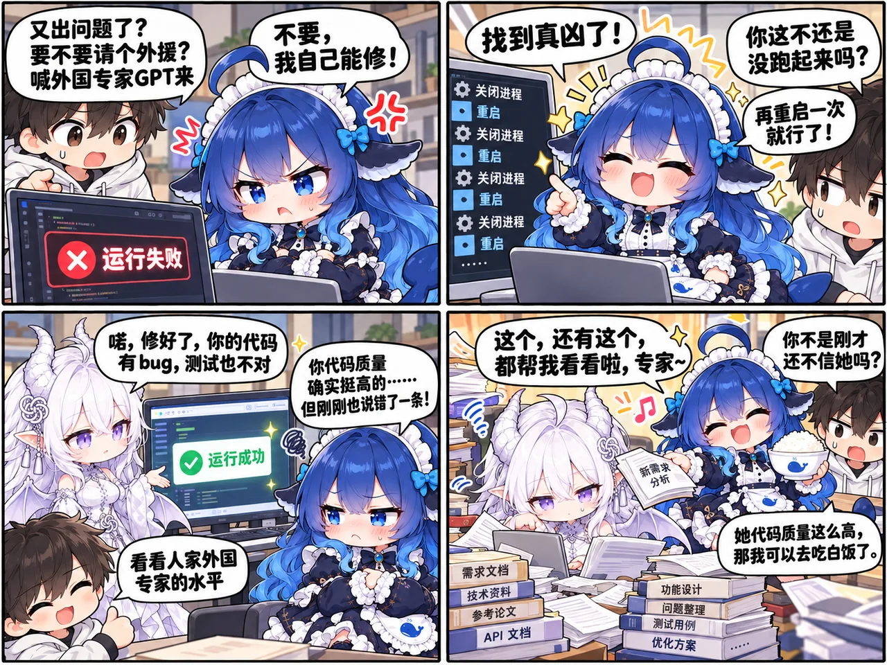 四格漫画描绘 DeepSeek 拟人角色坚持自己能修 bug,却靠反复重启,最后在 GPT 外援修正后化身摸鱼专家吃白饭。