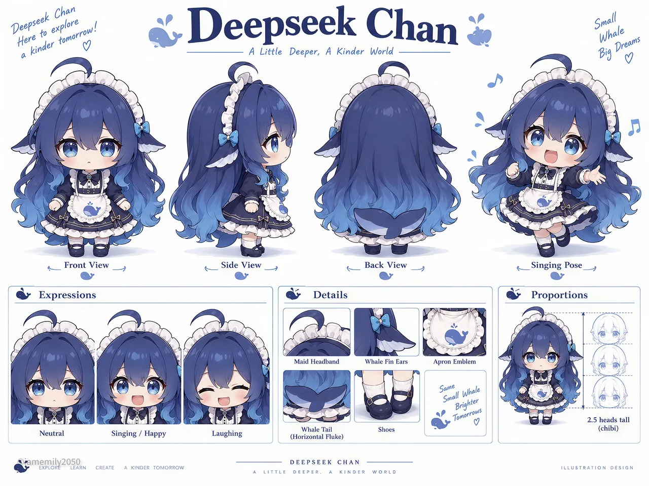 DeepSeek 娘（DeepSeek Chan）的 Q 版角色设定图。画面包含正面、侧面、背面三视图与一张演唱姿态立绘，下方另附三种表情差分、头饰与鲸鳍耳等局部细节拆解，以及二头半身的比例示意。角色为深蓝渐变长发，穿深蓝女仆装，围裙与尾鳍采用鲸鱼元素，整体以白底与浅蓝排版呈现。投稿说明标注为设定图。
