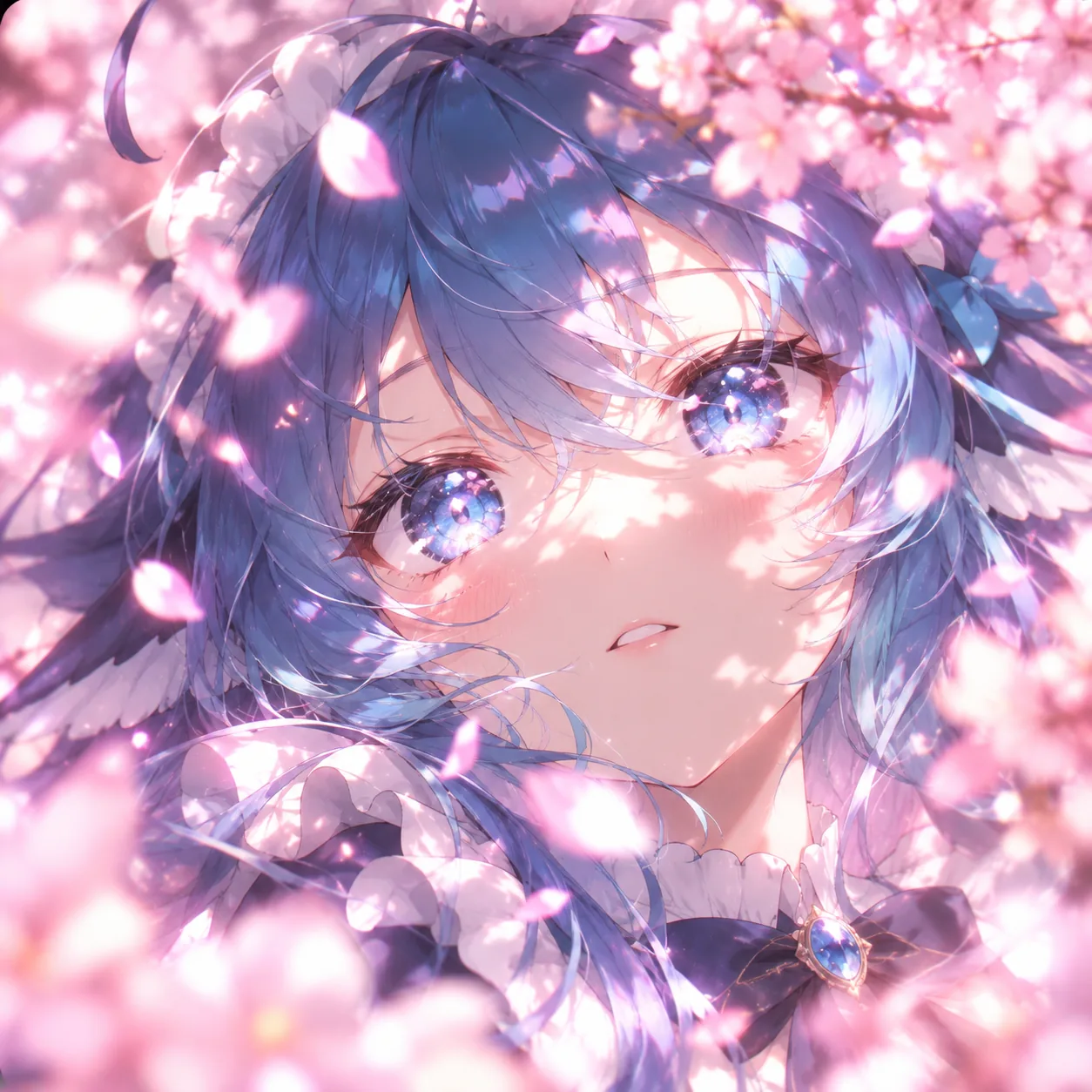 蓝色长发少女置身盛开的樱花之间，蓝紫色瞳孔里映出细碎花影，前后景由粉色花瓣虚化包边，画面以面部特写和花瓣层叠的光感为主。