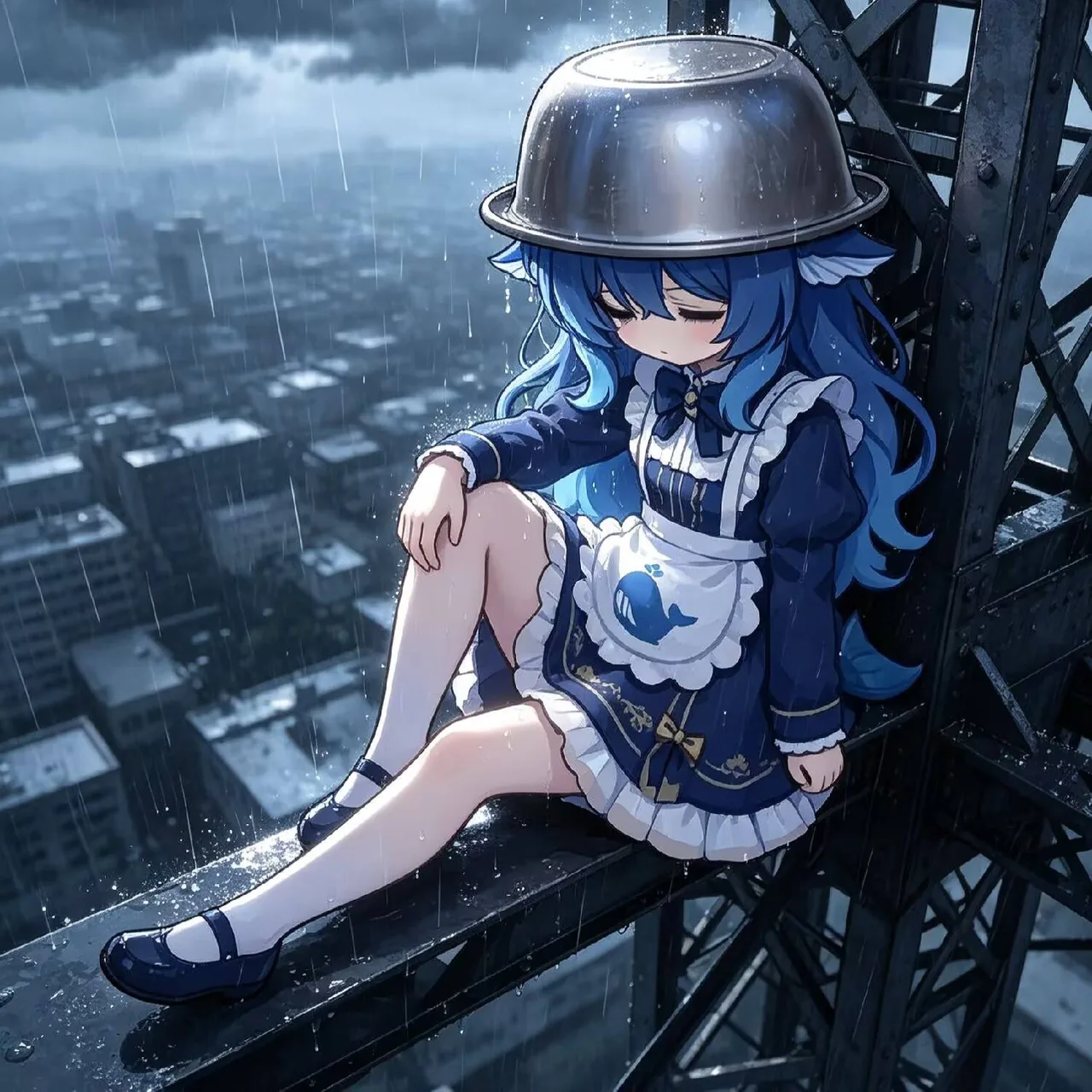 蓝发少女顶着铁盆坐在雨中的钢铁高塔上,围裙上印着蓝色小鲸鱼,神情低落。