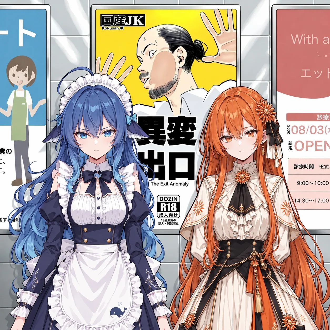 画面中，蓝发、穿深蓝女仆装并围着带鲸鱼图案白围裙的 DeepSeek 娘站在左侧，橙发、穿白底橙纹洋装的 Claude 娘站在右侧，两人并排面对镜头，表情都有些不悦。背景是地铁站台的海报墙，贴着多张虚构的广告与作品海报，其中一张印着成年男性面孔和「異変 出口」字样，并带有 R18 标示，旁边还有「国産JK」与诊所营业时间等海报。作者说明为「误入循环地铁的两人，但是好像有一些不得了的要素」。
