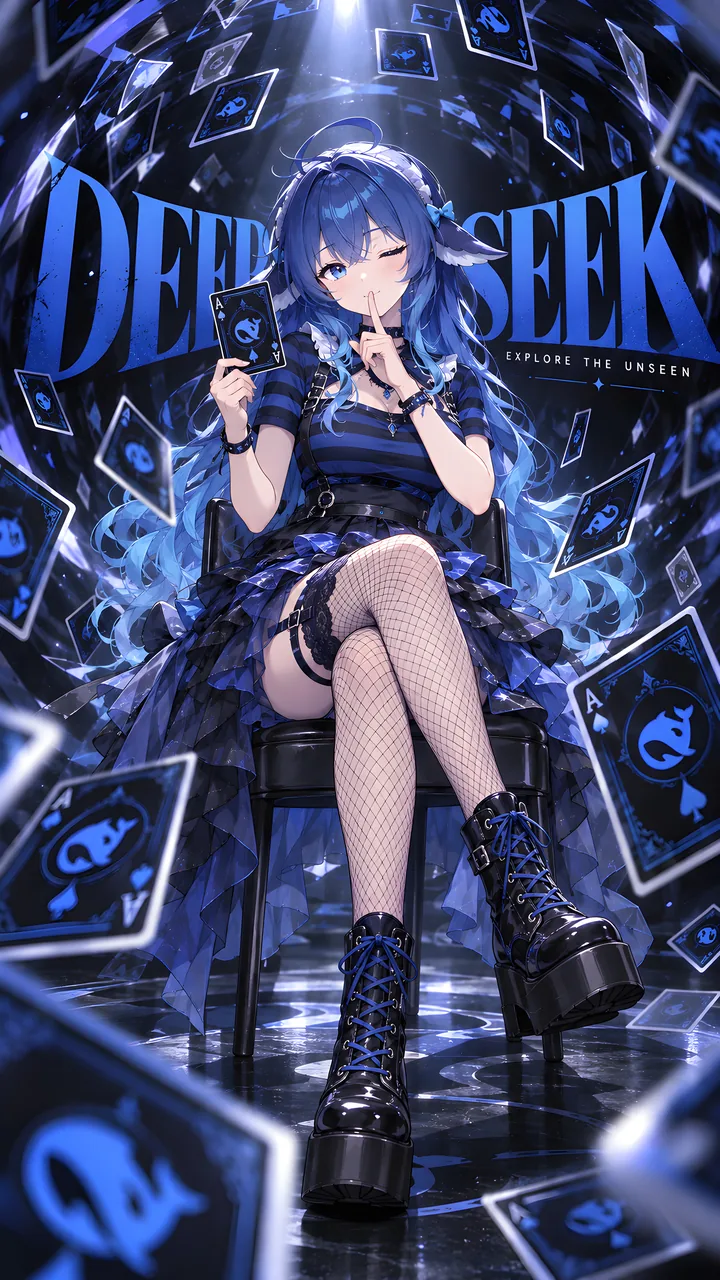 DeepSeek娘坐在椅子上，手捏印有蓝色鲸鱼 Logo 的黑桃 A，四周漂浮着同款蓝色扑克牌，背后是巨大的 DEEPSEEK 字样与 EXPLORE THE UNSEEN 标语。