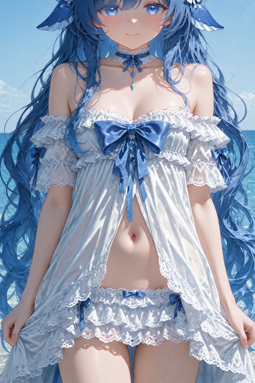 DeepSeekちゃんが晴れた海辺に立っている。白いフリルのオフショルダーシフォンドレスを着て、胸元と腰には青いリボン、首には青いチョーカー。両手で裾を軽く持ち上げ、おへそと腰を見せている。ロングの青髪には魚のひれ形の髪飾り。背景は青空と海。