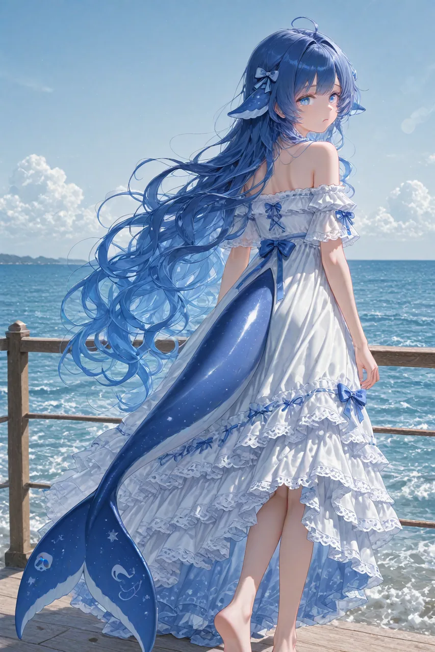 蓝发蓝鲸拟人少女身着白色蕾丝连衣裙，在海边木栈道上回头眺望。
