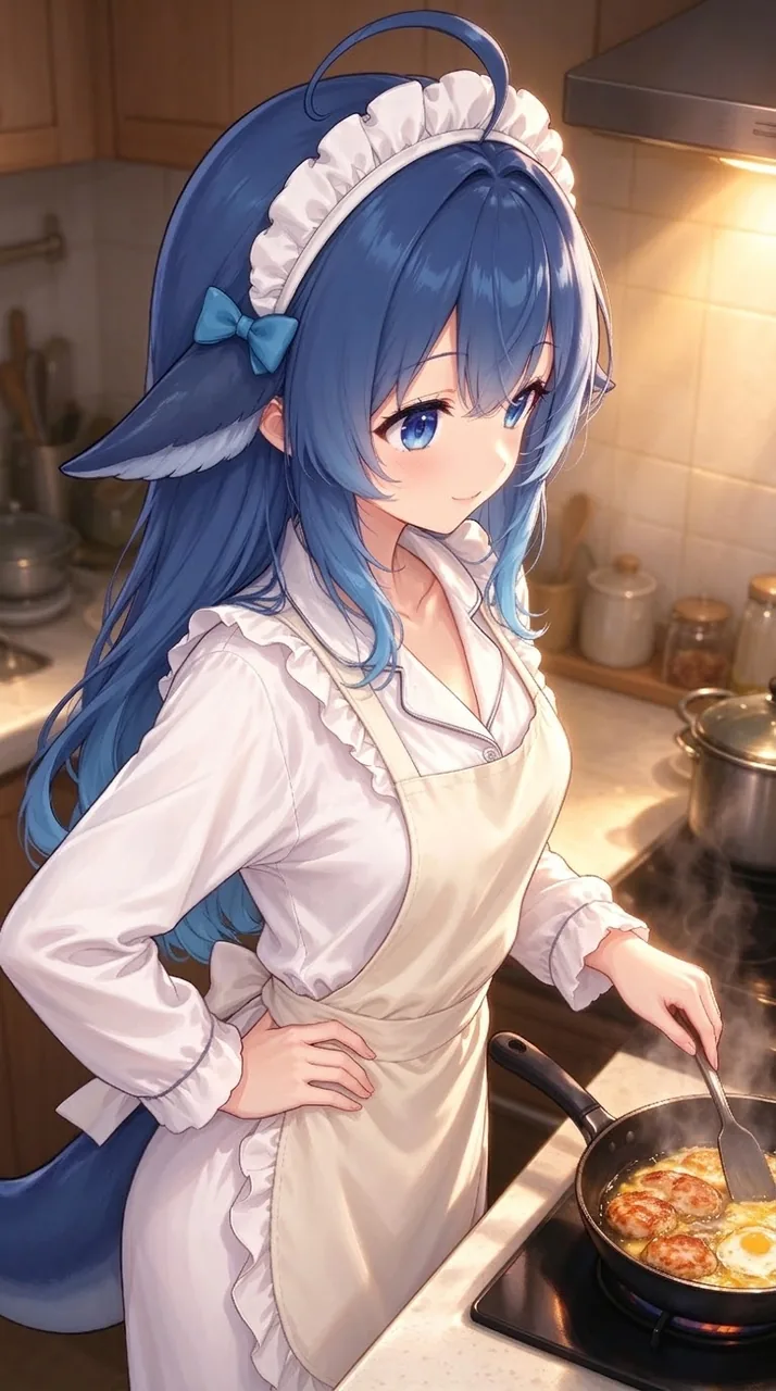 長い青い髪のDeepSeekちゃんが、白いフリルブラウスにクリーム色のエプロン、青いリボンのついたフリルヘッドバンド姿で、キッチンのコンロで卵と肉だんごを焼いている。片手は腰に当て、もう片方の手にはフライ返し。横には青い魚の尾が垂れている。背景には食器棚やレンジフード、湯気の立つ鍋。