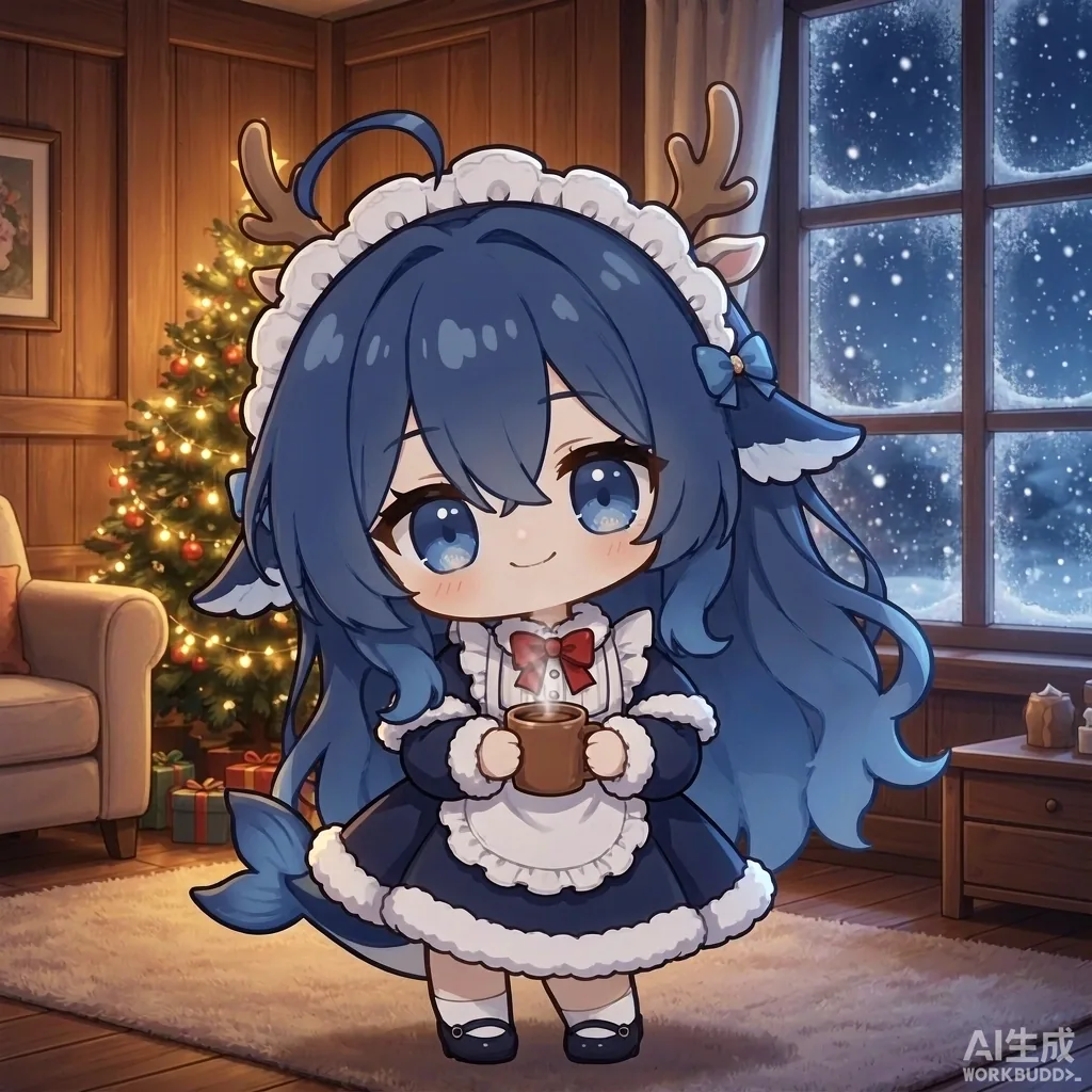 DeepSeekちゃんがクリスマスカラーのメイド服を着て、髪にトナカイの角の飾りをつけ、両手で温かい飲み物を捧げて室内に立っている。そばには点灯したクリスマスツリーがあり、窓の外では雪が降っている。