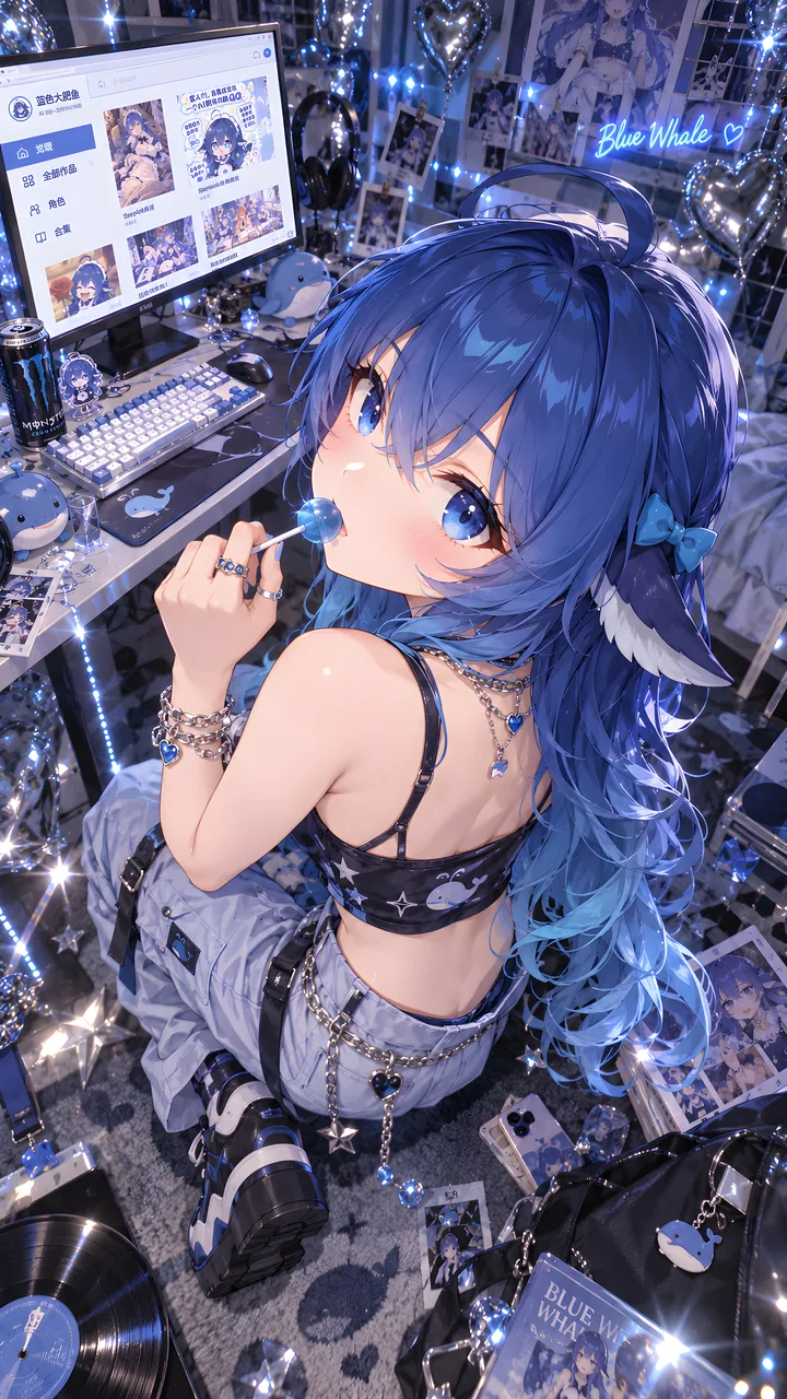 青い髪の少女がロリポップを舐めながらカーペットに座り、クジラのぬいぐるみやポスター、レコード、そして「Blue Whale」の作品ページを映したモニターに囲まれている。