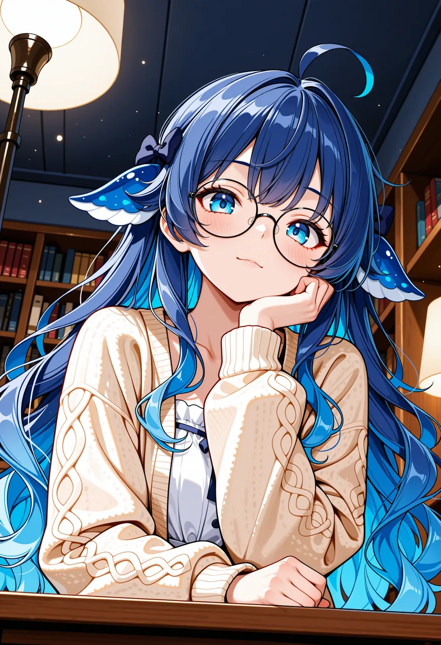 机の上から見上げる構図で、青い髪の DeepSeek ちゃんが片手に頬を預けてレンズを見下ろしている。耳元には鰭の形の髪飾り、背後には星を散らした天井と本棚が広がる。52週企画の第1週。