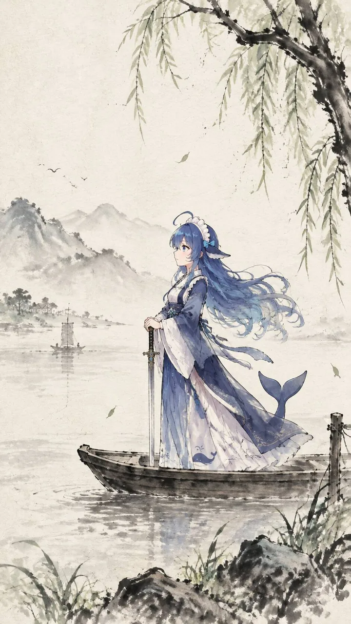 水墨风格插画：一位蓝发少女立于江面孤舟之上，身穿蓝白相间的广袖长裙，双手拄着一柄立在船板上的长剑，身后露出鲸鱼尾鳍，侧脸望向对岸。画面上方垂落柳枝，远处是淡墨山峦、飞鸟与一叶远帆，水面雾气弥漫，岸边有岩石与水草。