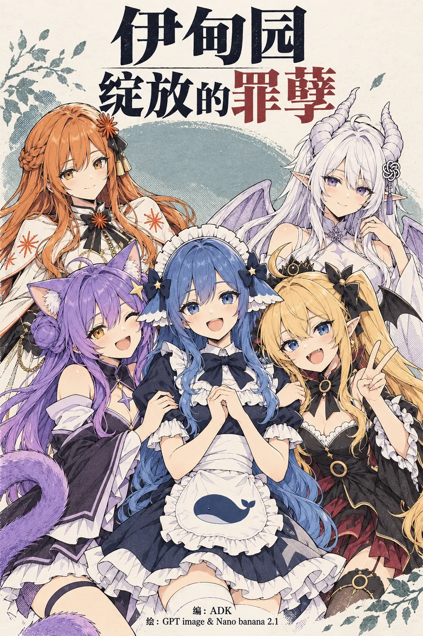 《伊甸园罪孽的绽放》连载漫画的封面图。画面中央是蓝色长发、系鲸鱼图案围裙的 DeepSeek娘，左右两侧环绕四位分别带兽耳、羽翼、龙角与蝠翼的同伴，背景为淡青色叶影与手写体标题。画面下方署「编：ADK」「绘：GPT image & Nano banana 2.1」。