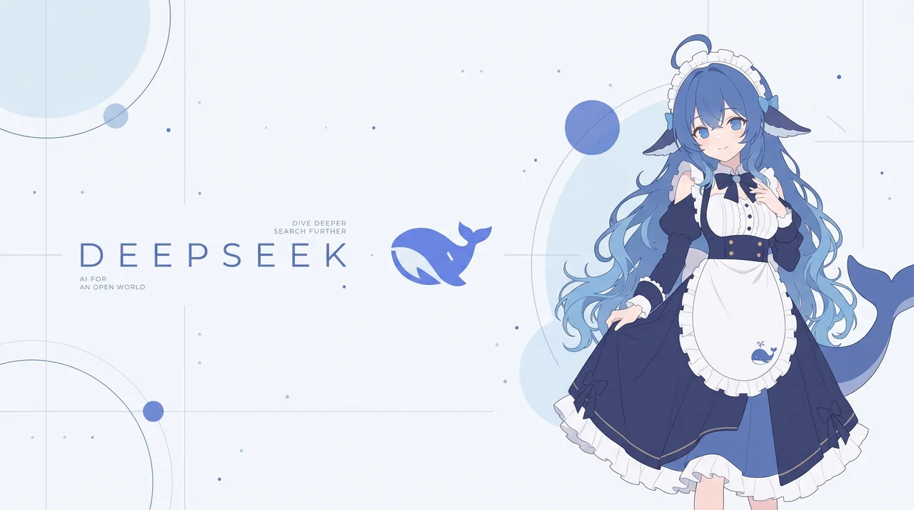 画面右侧是一名蓝发蓝眼的 DeepSeek 拟人化少女，身穿深蓝配白色的女仆裙装，头戴蕾丝头饰，耳侧有鳍状装饰，身后露出鲸鱼尾鳍，一手轻提裙摆。左侧是 DEEPSEEK 字样与时隐时现的鲸鱼标志，浅色背景以圆环、圆点和细线作装饰，整体为日系插画风格。