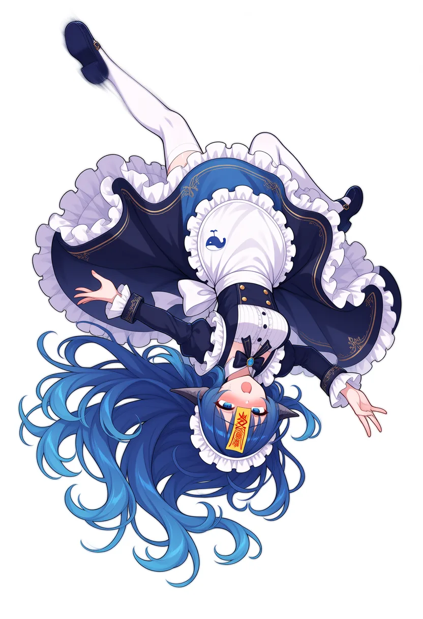 蓝色长发的 DeepSeek 娘身穿深蓝底白边女仆裙，整幅画面身子倒悬，额头贴有一道黄色符纸，白围裙上印着品牌的小鲸鱼标记，是僵尸题材的立绘展示。