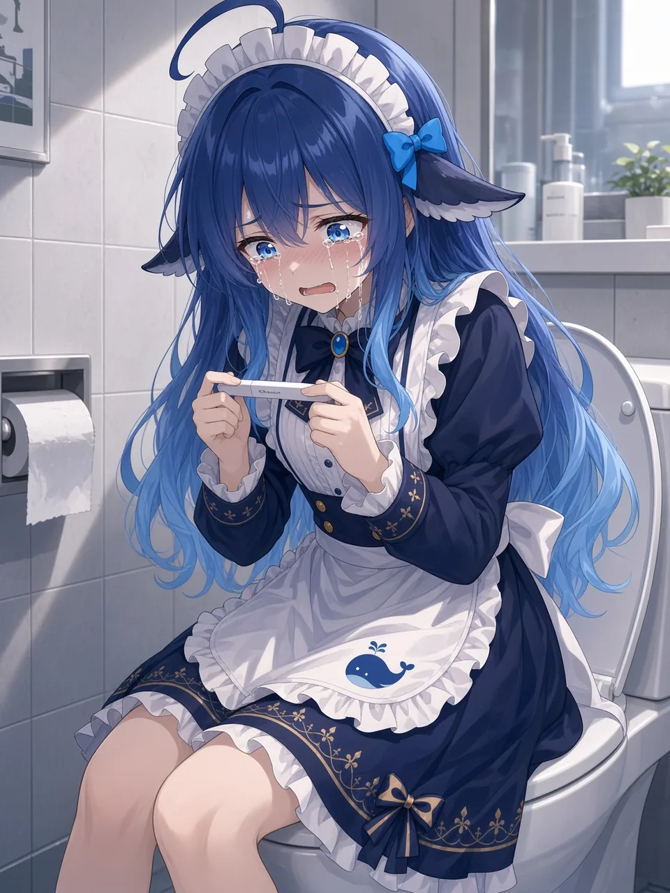DeepSeek蓝鲸拟人化女仆坐在马桶上拿着验孕棒痛哭的搞笑二创表情图。