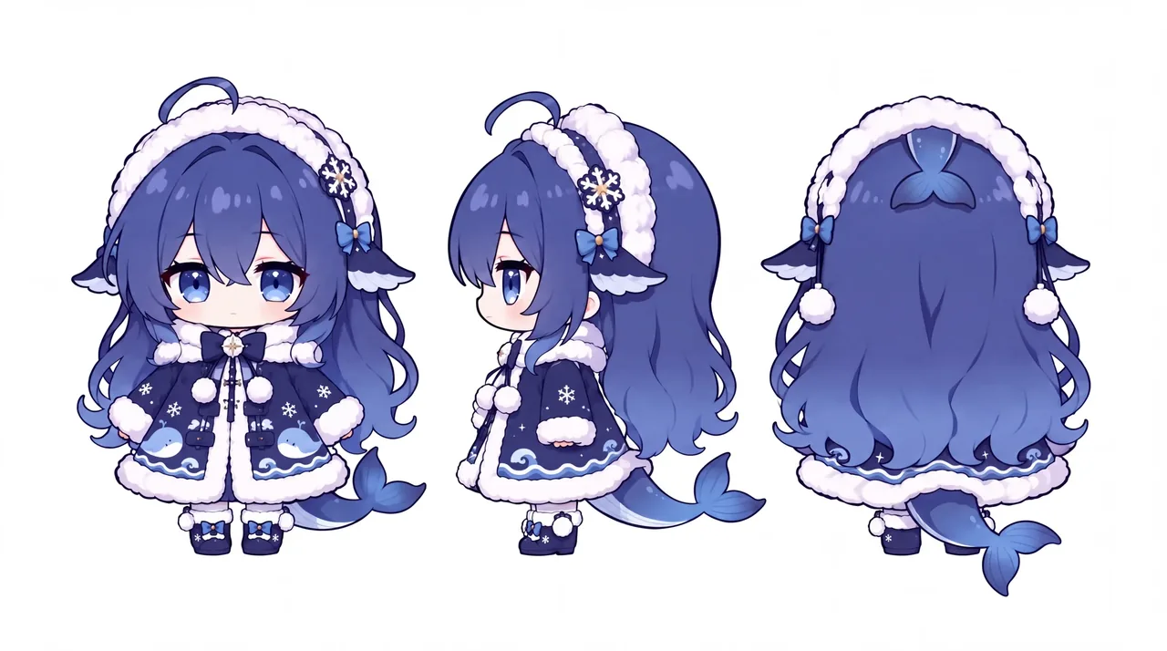 A chibi winter outfit setting sheet for DeepSeek Chan, showing one costume from three angles — front, side and back: a dark blue coat with fluffy white trim, whale motifs and snowflake decorations, a whale-tail headband, and a whale tail visible behind her.