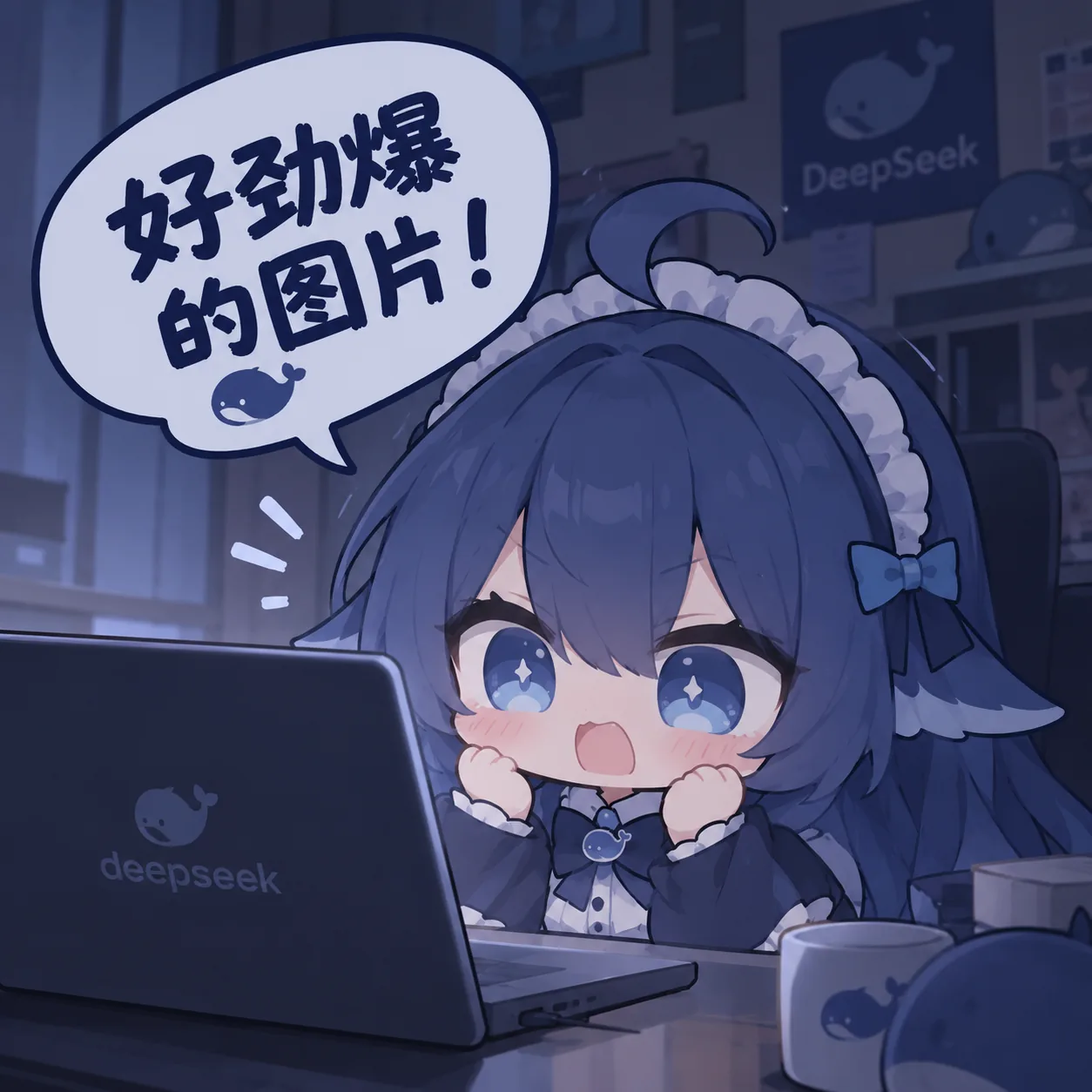 深蓝发色的 DeepSeek 拟人少女趴在笔记本电脑前,双手握拳盯着屏幕惊呼「好劲爆的图片!」,背景与桌面布满鲸鱼元素。