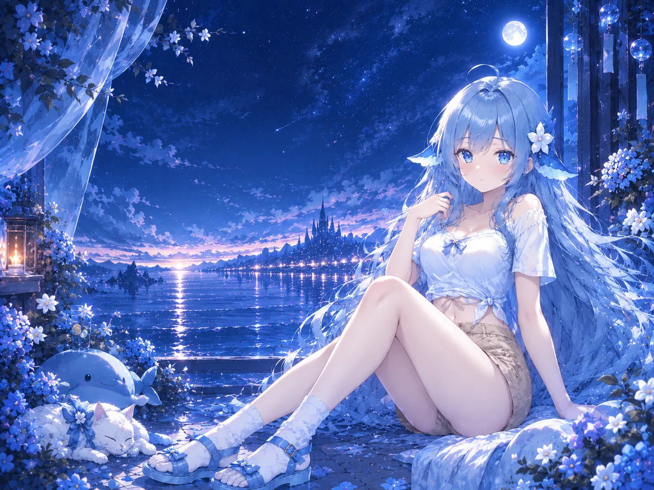 夜色下的湖畔露台，一位蓝发少女坐在铺满蓝色花丛的石台上，右上方是一轮满月与星空。她身穿白色短袖上衣与米色短裤，脚穿系带凉鞋；身侧有一尾蓝色大肥鱼玩偶，脚边是一只戴着蝴蝶结的白猫。远处湖面倒映着对岸城堡的灯火与月光。
