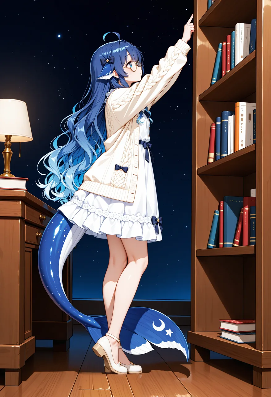 深夜的穹顶图书馘，蓝发鲸鱼娘蹏起脚去够最高一层的书，窗外是星海。白色连衣裙配米色针织开衫，蓝色鲸尾带月牙与星纹。鲸鱼娘 52 周企划 W01，角色原作上善，二创设计 ZipZipPipe。