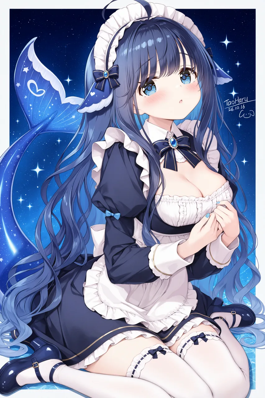 深蓝长发少女身穿藏青女仆装，胸前系蓝宝石领结，双手交握，蓝色鲸尾在星空中舒展，背景是缀满星光的深蓝海面。