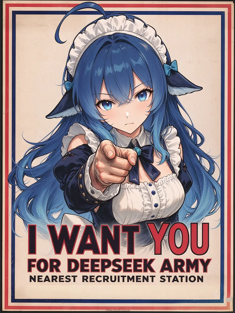 DeepSeek 拟人蓝发女仆形象模仿征兵海报,手指指向观众征集「DeepSeek 大军」。