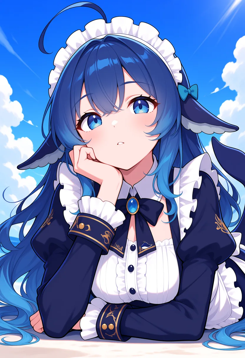紺と白のメイド服を着たDeepSeekちゃんが、片手に顎をのせて画面の下辺に寄りかかり、大きく見開いた目でまっすぐこちらを見つめている。表情は少しぼんやりとしている。背景には明るい青空と白い雲が広がっている。