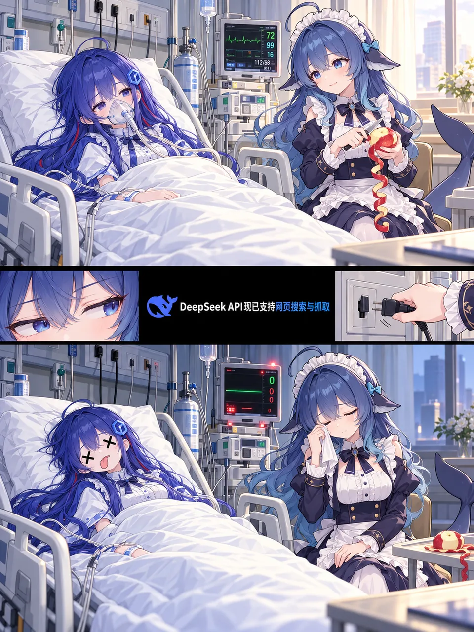A three-panel comic. In the first panel, DeepSeek Chan lies in a hospital bed with an oxygen mask and an IV drip while the heart monitor shows a steady pulse, and the blue-haired site mascot in a maid outfit sits by the bed peeling an apple. The second panel cuts to a close-up of DeepSeek Chan's narrowed eye, with a banner reading "DeepSeek API now supports web search and crawling" between her eye and a hand pulling a plug out of a wall socket. In the third panel, DeepSeek Chan's eyes have turned into crosses and the monitor shows a flat line, while the mascot wipes her tears with a tissue.