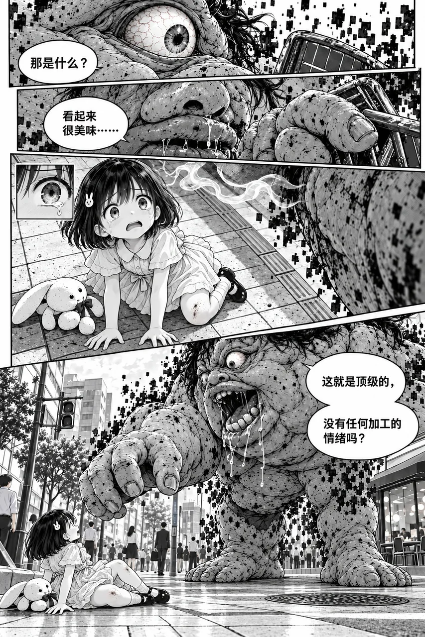黑白多格漫画第6页。开头以特写呈现一只布满血丝的巨眼与沾满污迹的巨手，手边握着手机；随后是滴着口水的嘴部特写。第三格中，一名黑发白裙的小女孩跪坐在人行道上，怀里抱着兔子玩偶，眼里含着泪，左上方小格特写她的眼睛。最后一格拉远到城市街头：巨大的独眼怪物伸出手逼向地上的女孩，远处路人仍在行走。对白依次为「那是什么？」「看起来很美味……」「这就是顶级的，没有任何加工的情绪吗？」画面边缘散落着数字噪点。