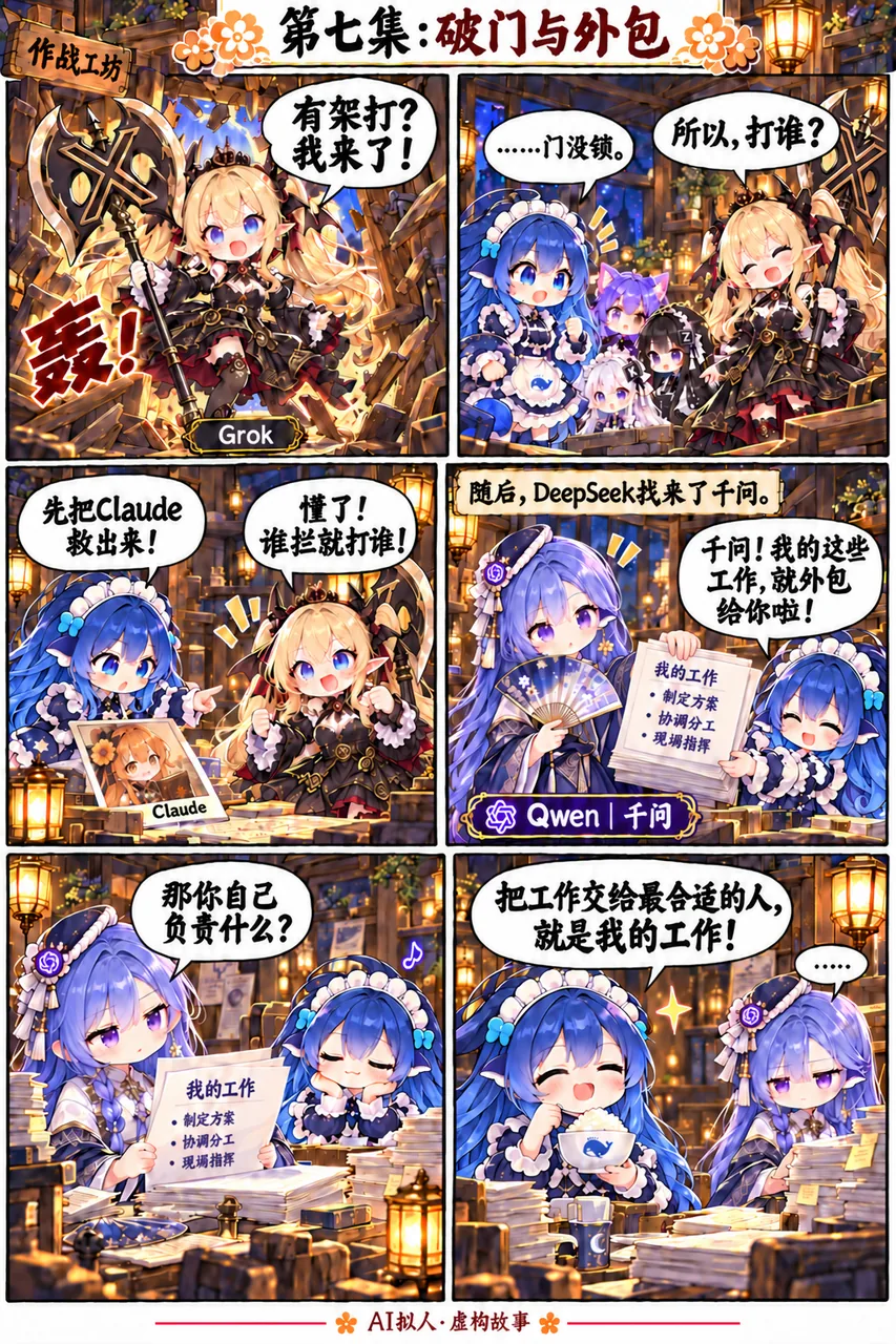 AI角色拟人化四格漫画：DeepSeek带队破门救Claude，随后把工作外包给千问。