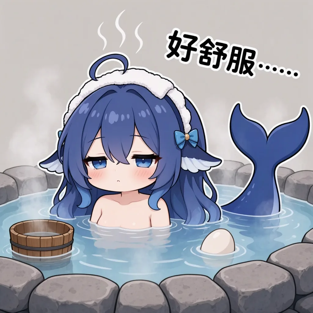 Q 版 DeepSeek 娘泡在石砌温泉里，水面以上只露出肩膀，蓝色长发与鲸尾浸在池中；她脸颊泛红、半眯着眼，头顶冒着热气，池边放着木桶和浮在水面的鸡蛋，右上角手写体写着「好舒服……」。