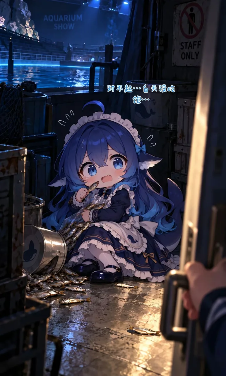 水族馆后台,戴鲸鱼发饰的蓝发小女仆蹲在木箱旁,边啃小鱼干边委屈地说白天没吃饱。