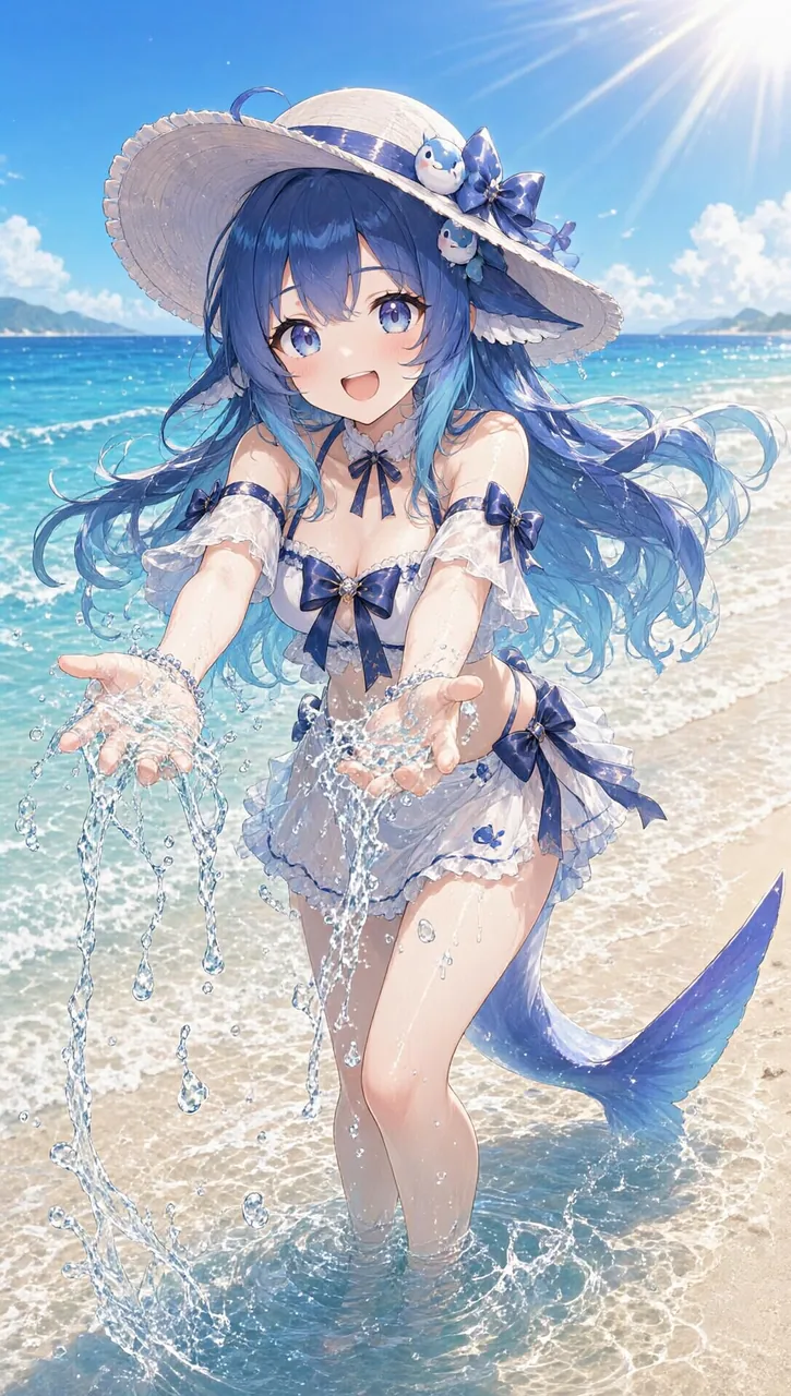 日差しの明るい海辺の風景。青髪の DeepSeek Chan は青いリボンと小さな魚の飾りが付いた白い麦わら帽子をかぶり、白と青のフリル付き水着を着て、後ろに青い魚の尾びれを伸ばしている。浅瀬に立ち、両手で海水をすくって前へ差し出し、指の間から水がこぼれ落ちる。奥には青い海と白い波、遠くに山影が見える。