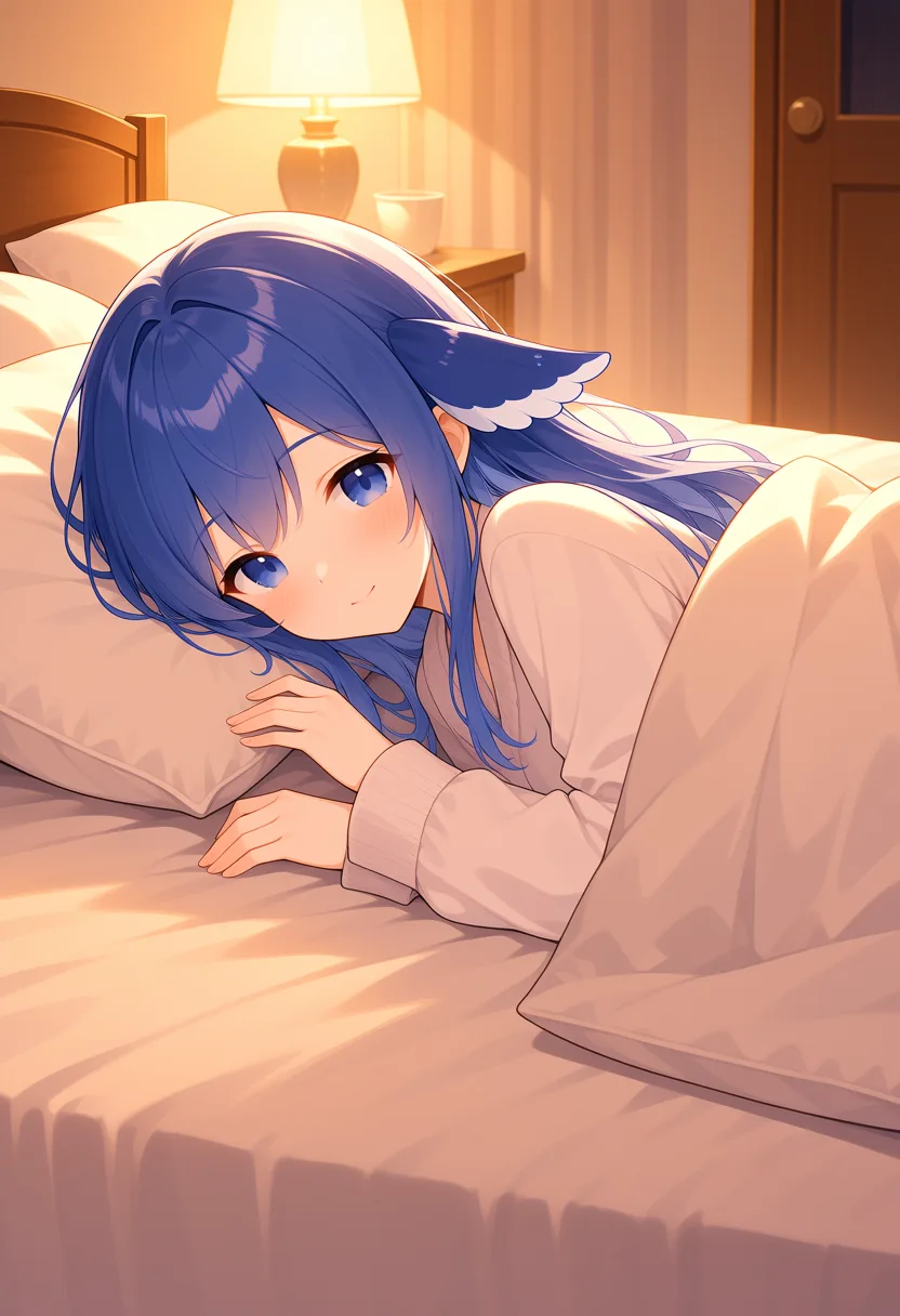 蓝色长发、带着鲸鱼鳍状发饰的少女趴在床上,暖黄台灯下轻声道晚安的治愈系插画。